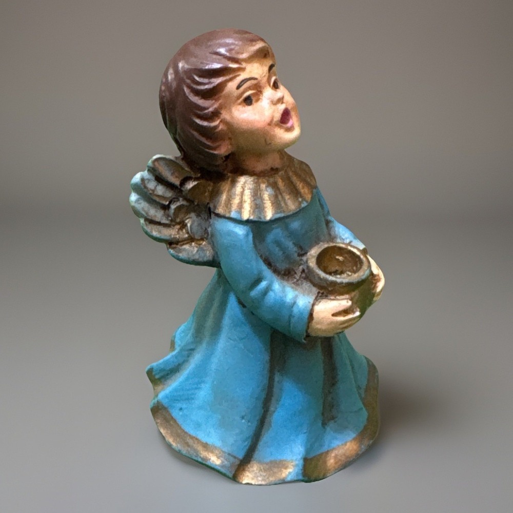 Vtg Chalkware Singing Angel Christmas Figurine Candle Holder Caroler Blue Gold